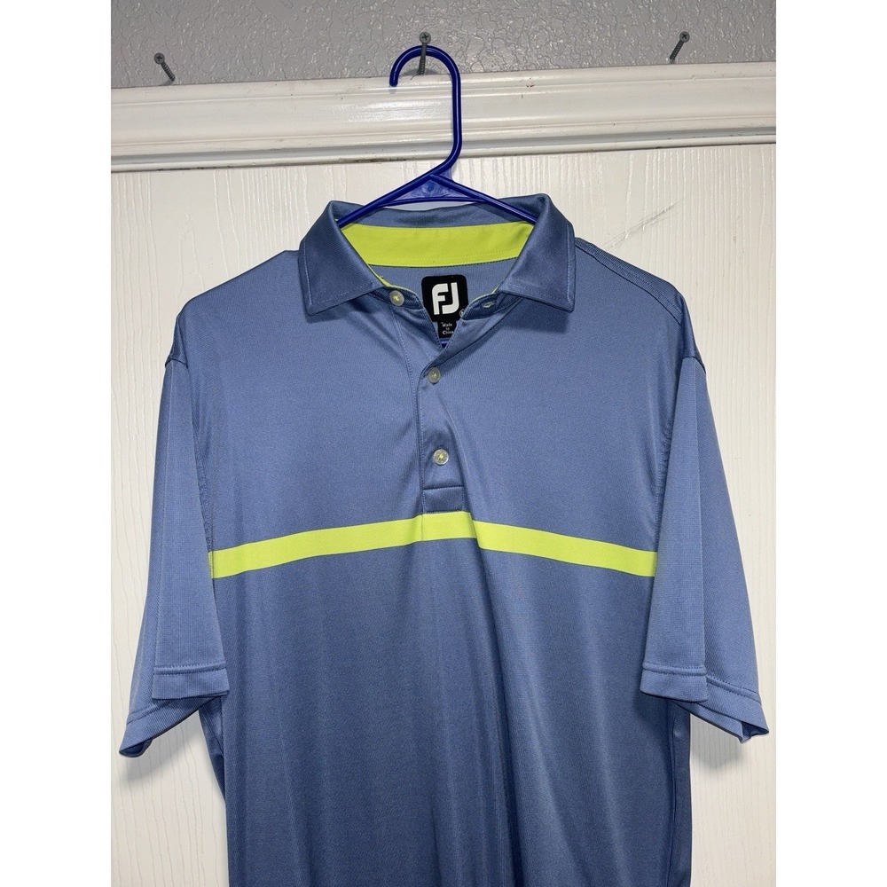 Footjoy Polo Shirt Mens Medium Blue Yellow‎ Striped Athletic Fit Golf Casual